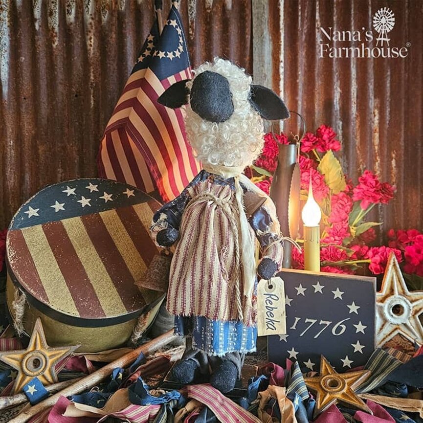 Rebeka Girl Sheep Doll in Ticking Apron & Rustic Bell - 16"