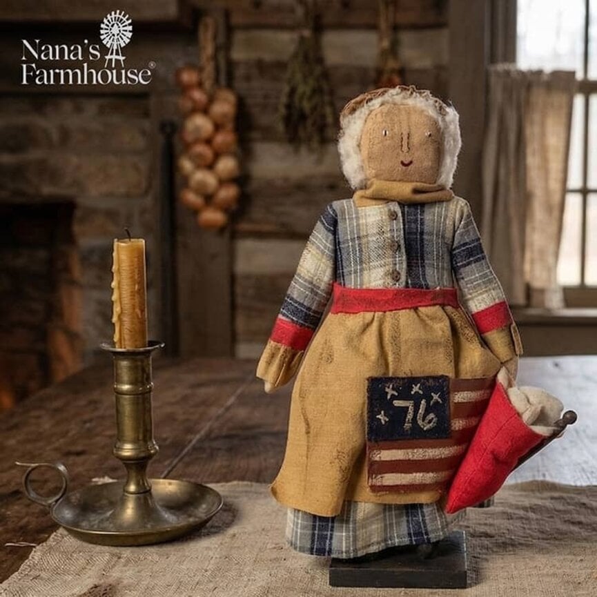 Betsy Ross Doll with Blue Plaid Dress Tan Apron '76 Flag - 21"