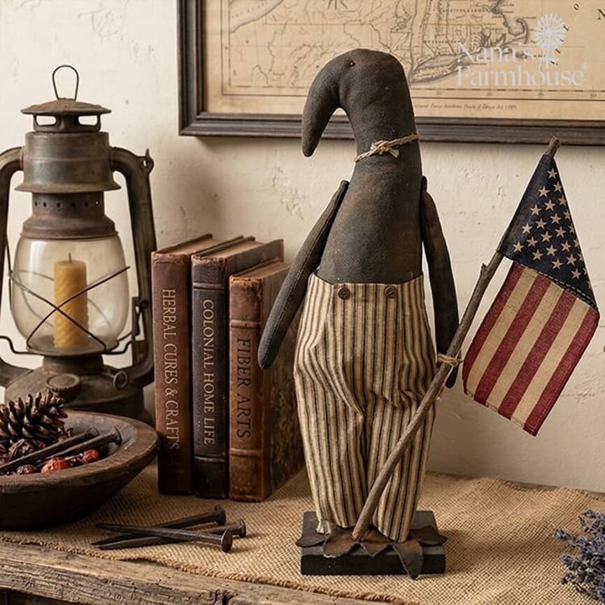 Mr. Corbin Crow Black with Blue Ticking Pants Bell Necklace & Flag - 21"