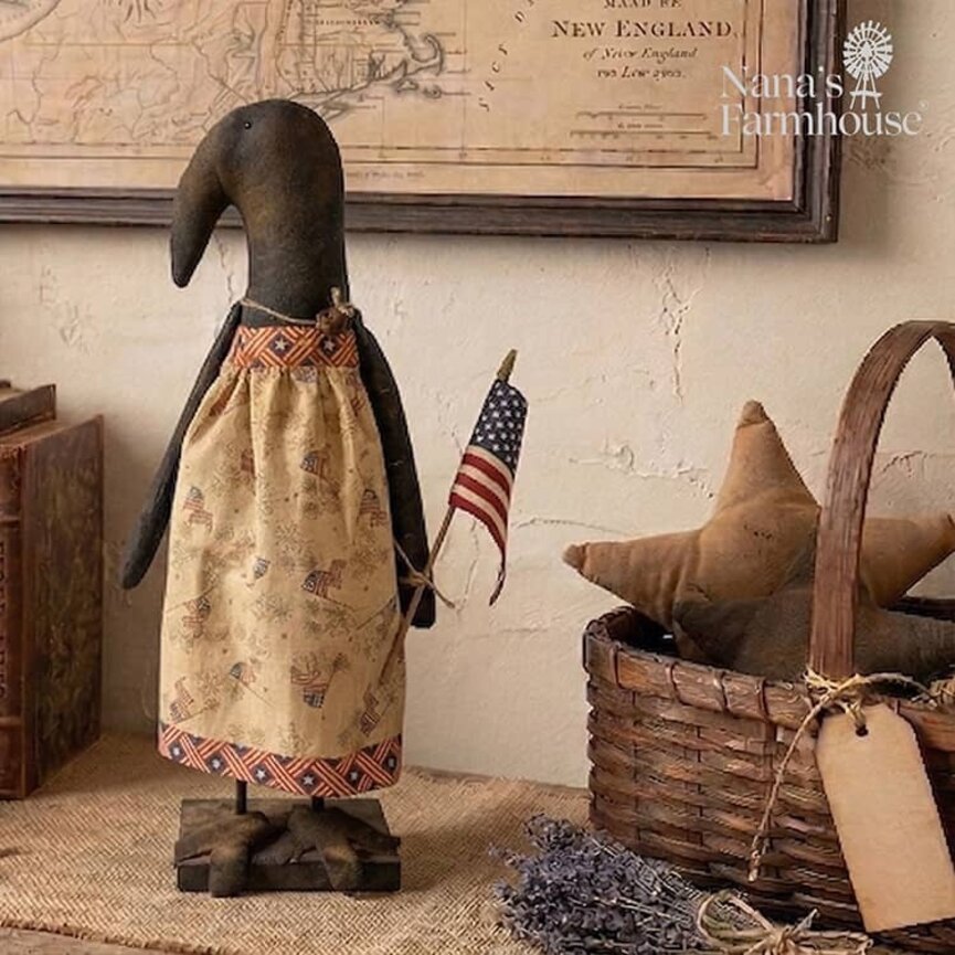 Mrs. Cassie Crow Black with Patriotic Dress Bell Necklace & Flag - 20.5"