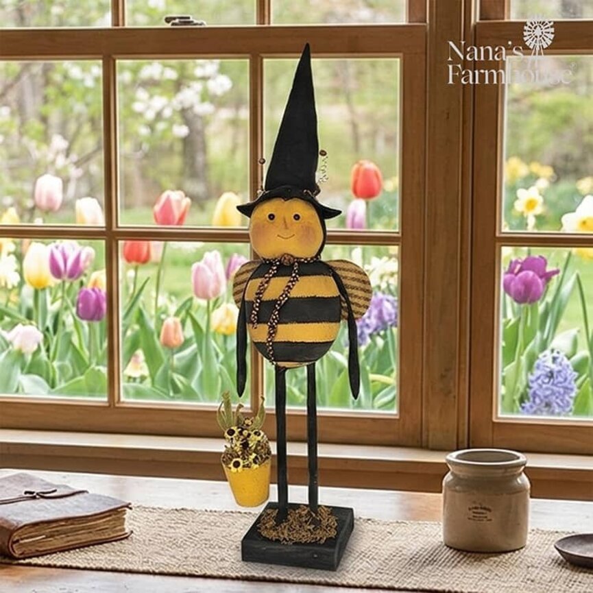 Primitive Bee Doll with Hat Holding a Bucket of Flowers - 31.5"