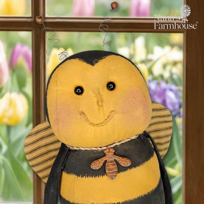 Primitive Bee Holding Burlap Bag of Flowers - 21"