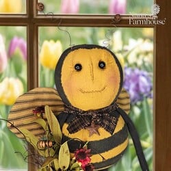 Primitive Bee Doll Holding Burlap Bag of Red Flowers - 15"