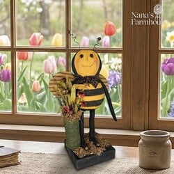 Primitive Bee Doll Holding Burlap Bag of Red Flowers - 15"