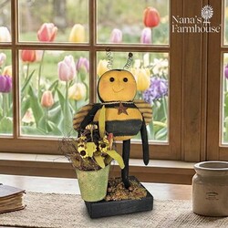 Primitive Bee Doll Holding Bucket of Yellow Flowers - 13"