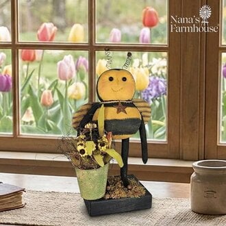 Primitive Bee Doll Holding Bucket of Yellow Flowers