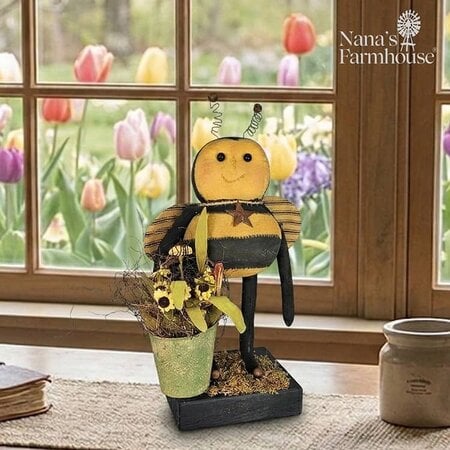 Primitive Bee Doll Holding Bucket of Yellow Flowers