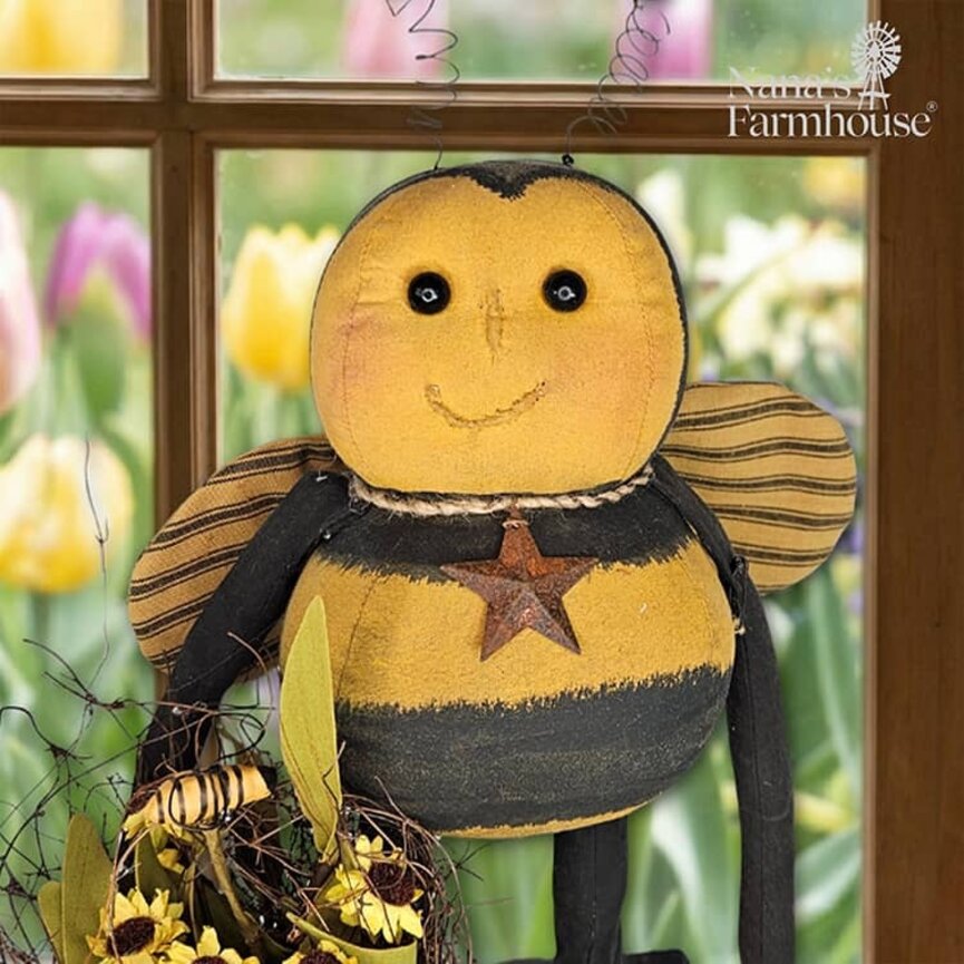 Primitive Bee Doll Holding Bucket of Yellow Flowers - 13"