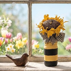 Sunflower Bee Jar with Black & Tan Bow - 13"