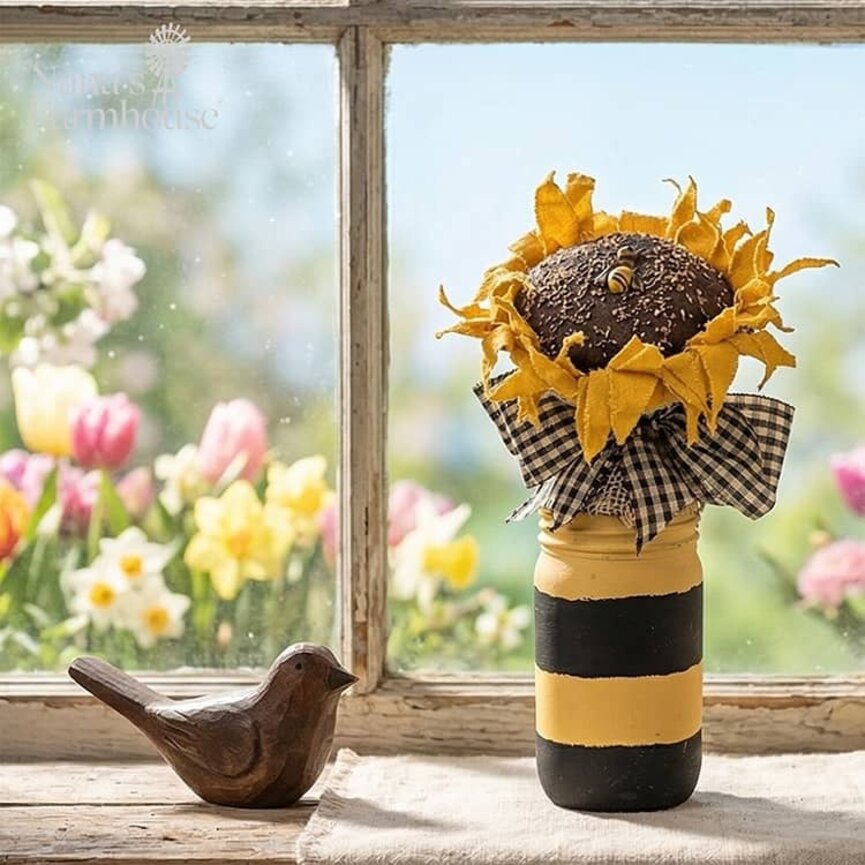 Sunflower Bee Jar with Black & Tan Bow - 13"