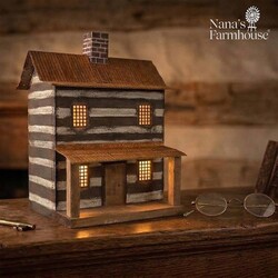 Log Cabin Two Story Rustic Metal Roof Lighted - 14" W x 15" T