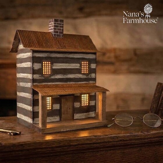 Log Cabin Two Story Rustic Metal Roof Lighted