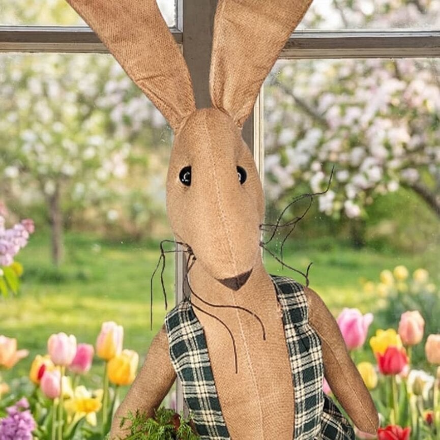 Boy Rabbit Doll Tan with Green Plaid Coveralls Holding a Carrot - 24"