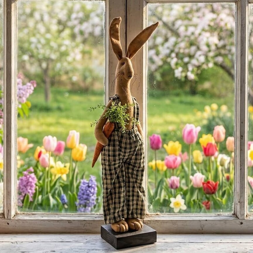 Boy Rabbit Doll Tan with Green Plaid Coveralls Holding a Carrot - 24"