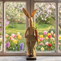 Boy Rabbit Doll Tan in Black Ticking Coveralls Holding a Carrot - 24"