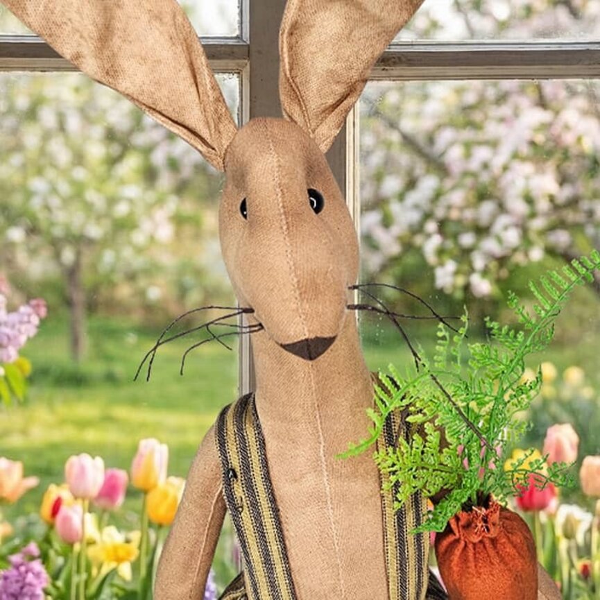 Boy Rabbit Doll Tan in Black Ticking Coveralls Holding a Carrot - 24"