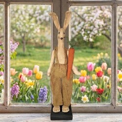 Boy Rabbit Doll in Tan Plaid Coveralls Holding a Carrot - 24"