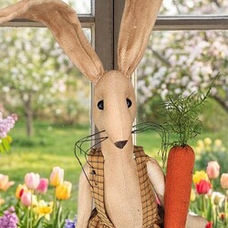 Boy Rabbit Doll in Tan Plaid Coveralls Holding a Carrot - 24"