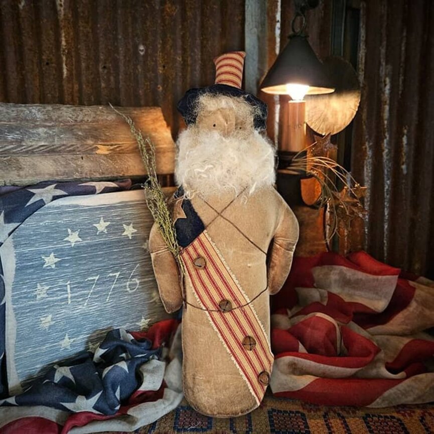 Primitive Uncle Sam Doll with Flag Banner and Bells - 15"