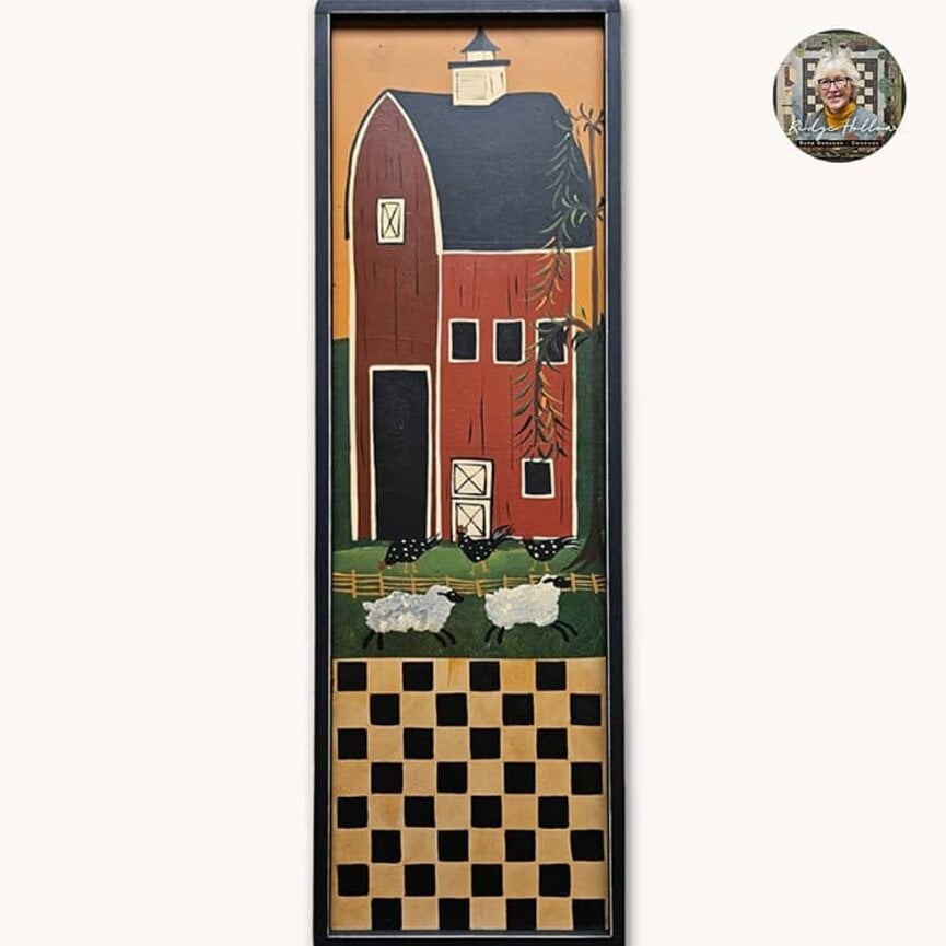 Barn W/Roosters & Sheep Checkerboard 9- " x 24"