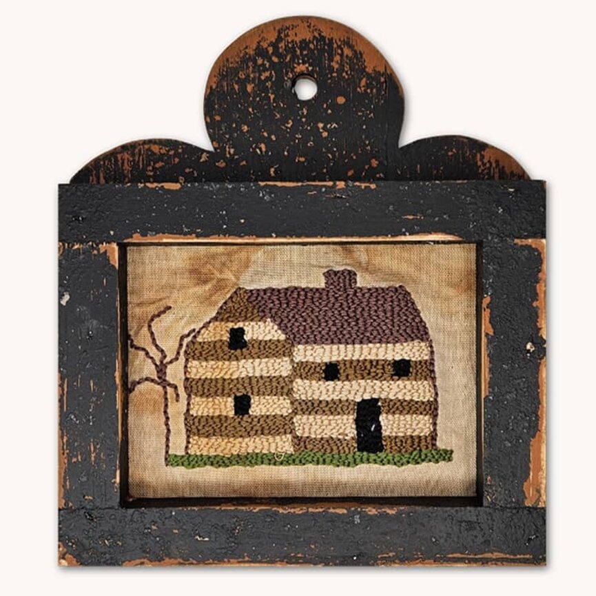 Distressed Black Framed Needle Punch Cabin W/Tree 10" T x 9" W