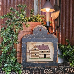Distressed Black Framed Needle Punch Cabin W/Tree 10" T x 9" W