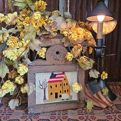 Distressed Cabin Brown Framed Needle Punched Salt Box House with Flag Roof & Sheep - 10" x 9"