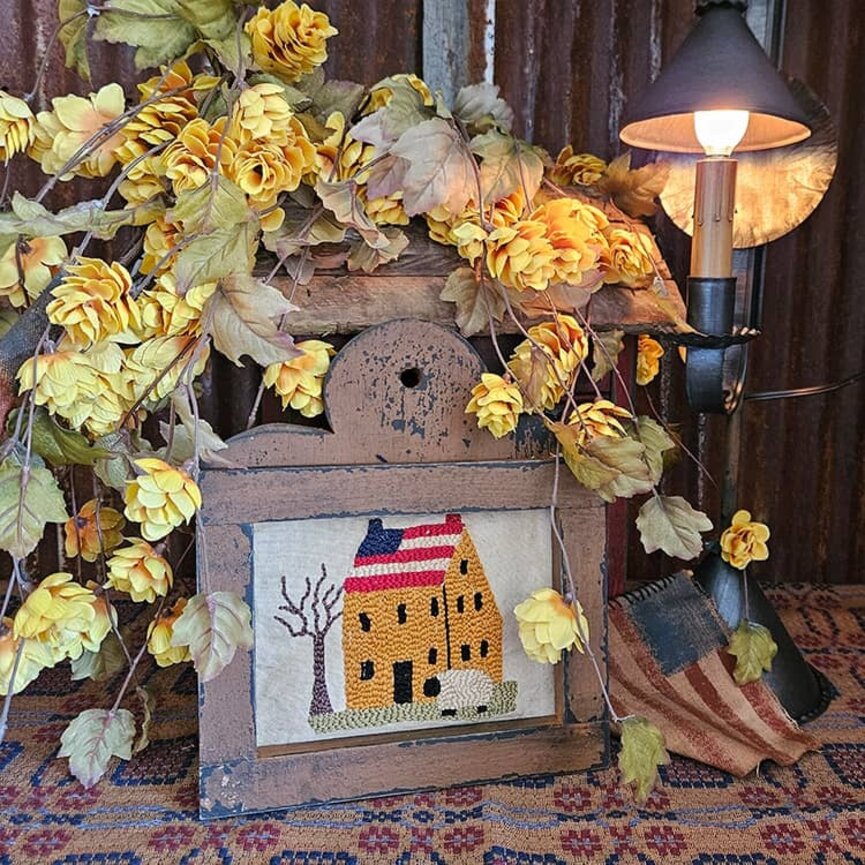 Distressed Cabin Brown Framed Needle Punched Salt Box House with Flag Roof & Sheep - 10" x 9"
