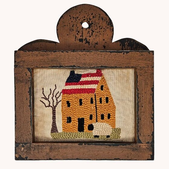 Cabin Brown Framed Needle Punched Salt Box House with Flag Roof & Sheep