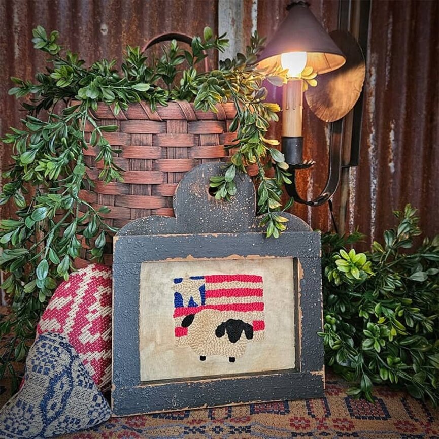 Distressed Black Framed Needle Punched American Flag with Sheep - 10" x 9"