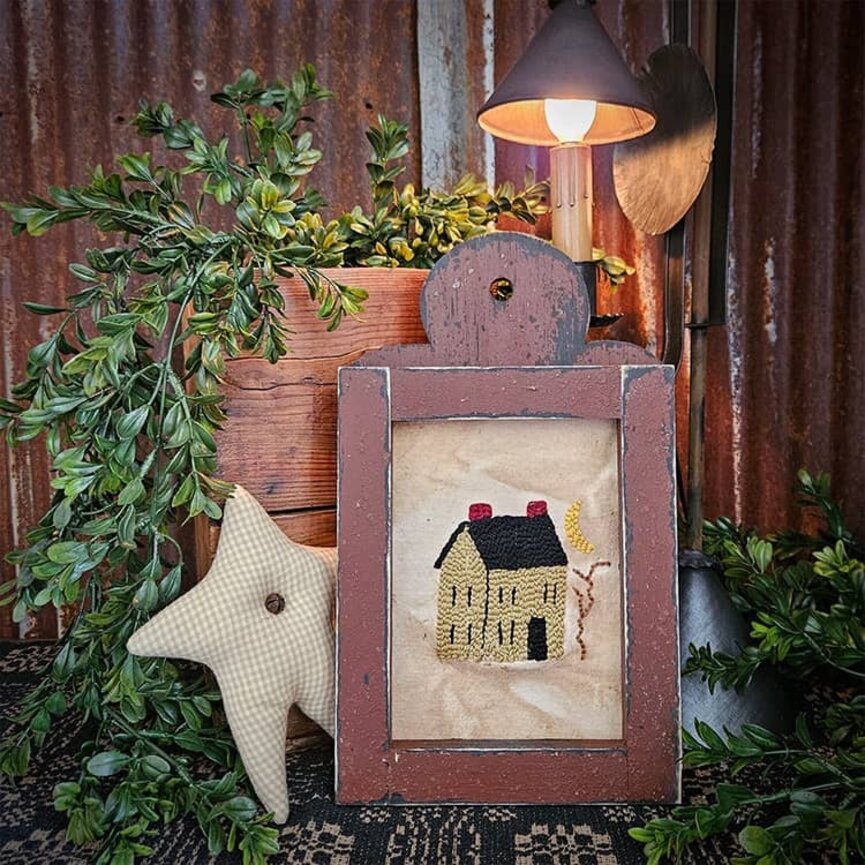 Distressed Cottage Red Framed Needle Punched Sage Green Saltbox House - 12" x 7"