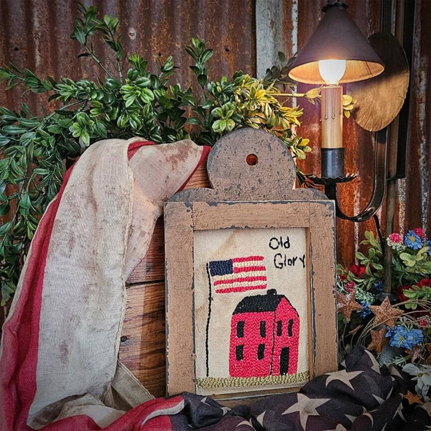 Distressed Cabin Brown Framed Needle Punched Old Glory Red Saltbox & Flag - 12" x 7"