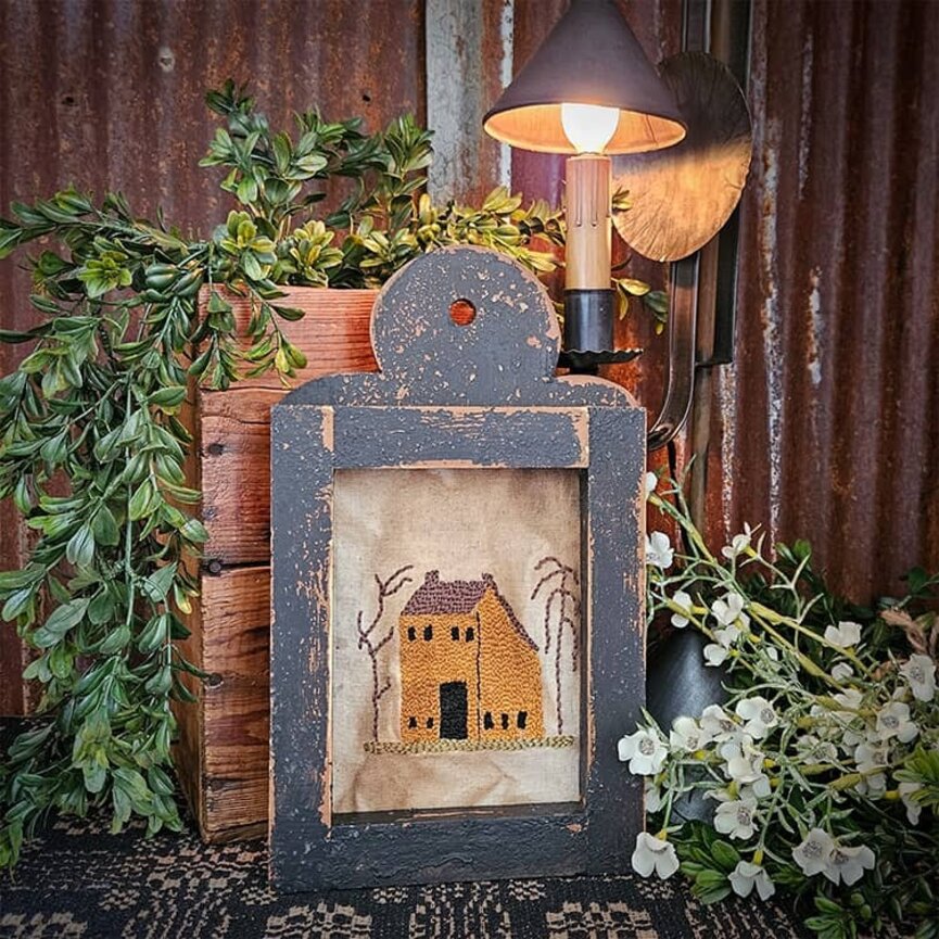 Distressed Black Framed Needle Punched Mustard Saltbox House - 12" x 7"