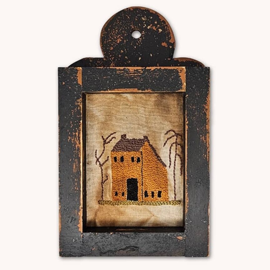 Distressed Black Framed Needle Punched Mustard Saltbox House - 12" x 7"