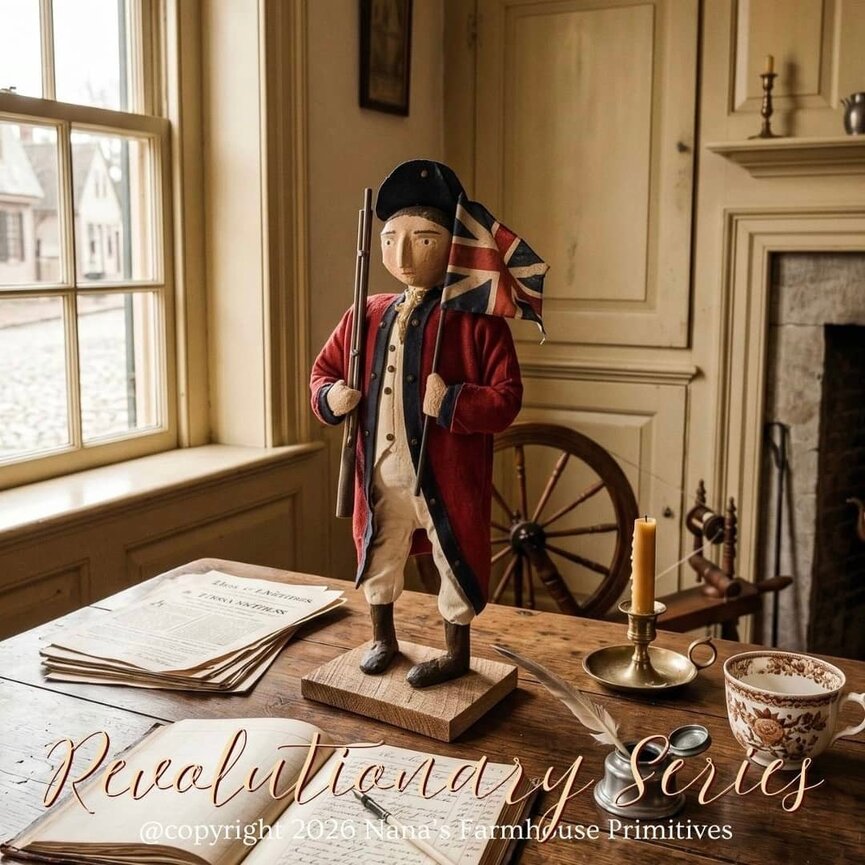 British Soldier Doll in Red Coat with Flag & Musket Loader - 20"