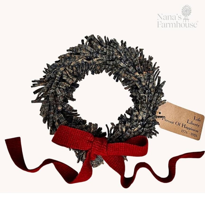 Wool Felt Wreath Grayish Blue with Seeded Strawberry Bow - 9"