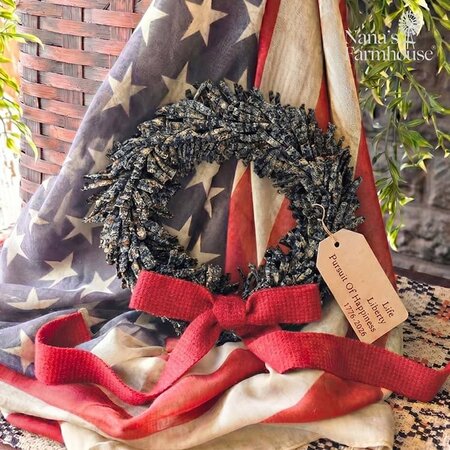 Grayish Blue Wool Wreath with Seeded Strawberry Bow