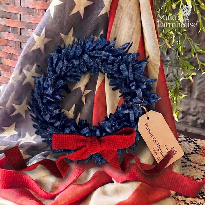 Wool Felt Wreath Midnight Blue with Seeded Strawberry Bow - 9"