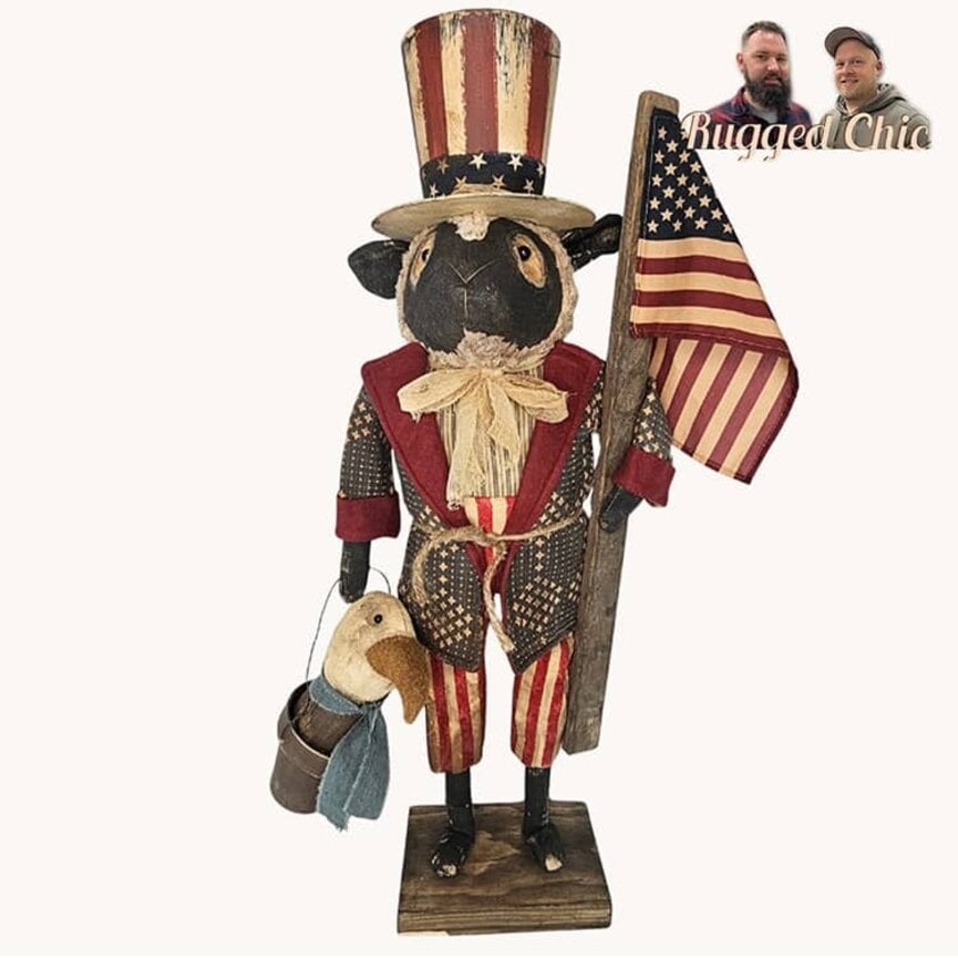 Sam The Sheep Doll in Confederate Blue Jacket Striped Red Pants Top Hat with Flag & Eagle - 31" x 8"