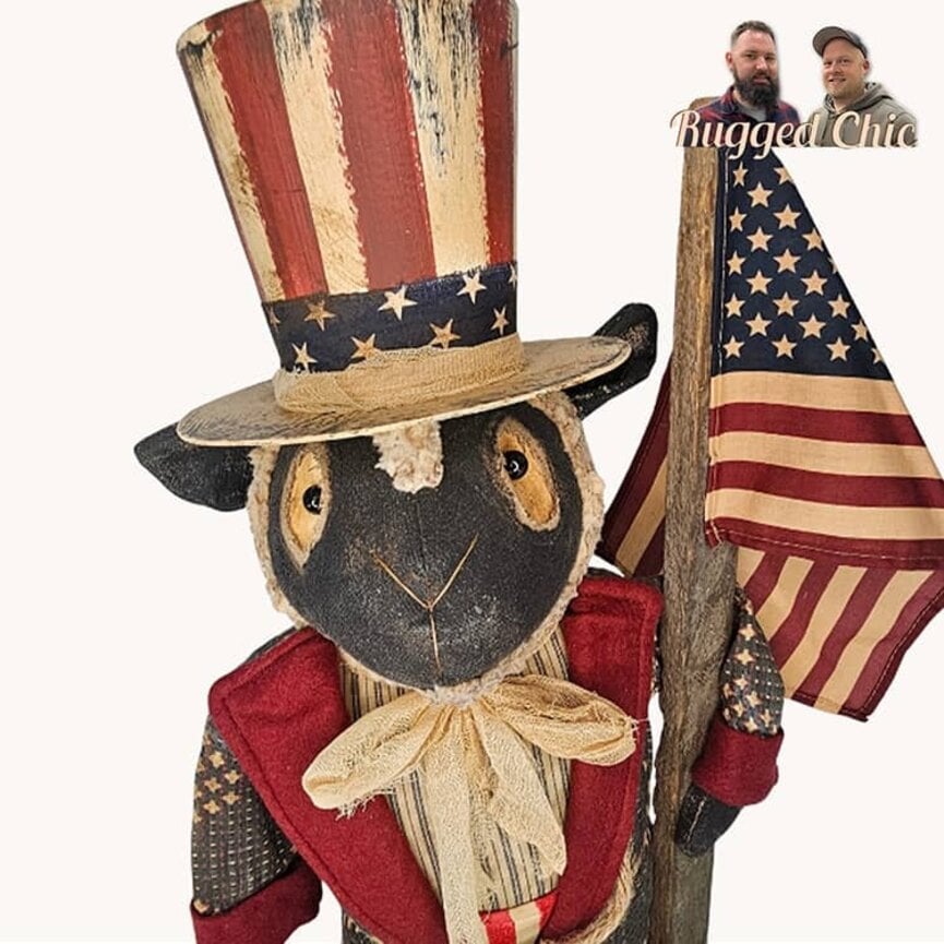 Sam The Sheep Doll in Confederate Blue Jacket Striped Red Pants Top Hat with Flag & Eagle - 31" x 8"