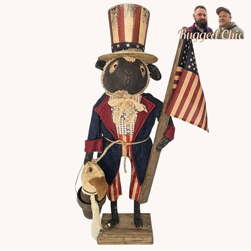 Sam The Sheep in Denim Jacket with Flag & Eagle - 31" x 8"