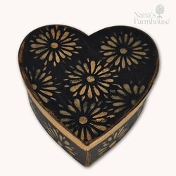 Heart Box with Lid Black Mustard Floral - 7.5"  x 3"