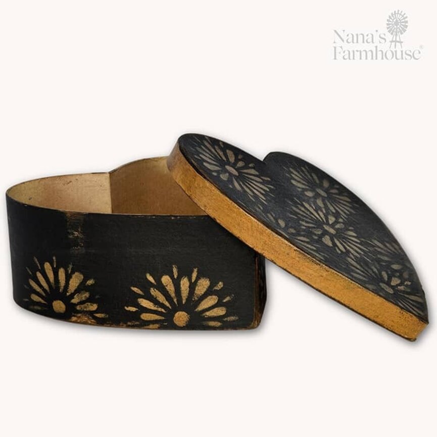 Heart Box with Lid Black Mustard Floral - 7.5"  x 3"