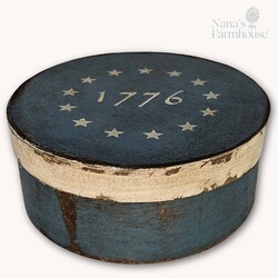 Round Box with 1776 Stars on Lid Solid Blue Base - 7.5" x 3"