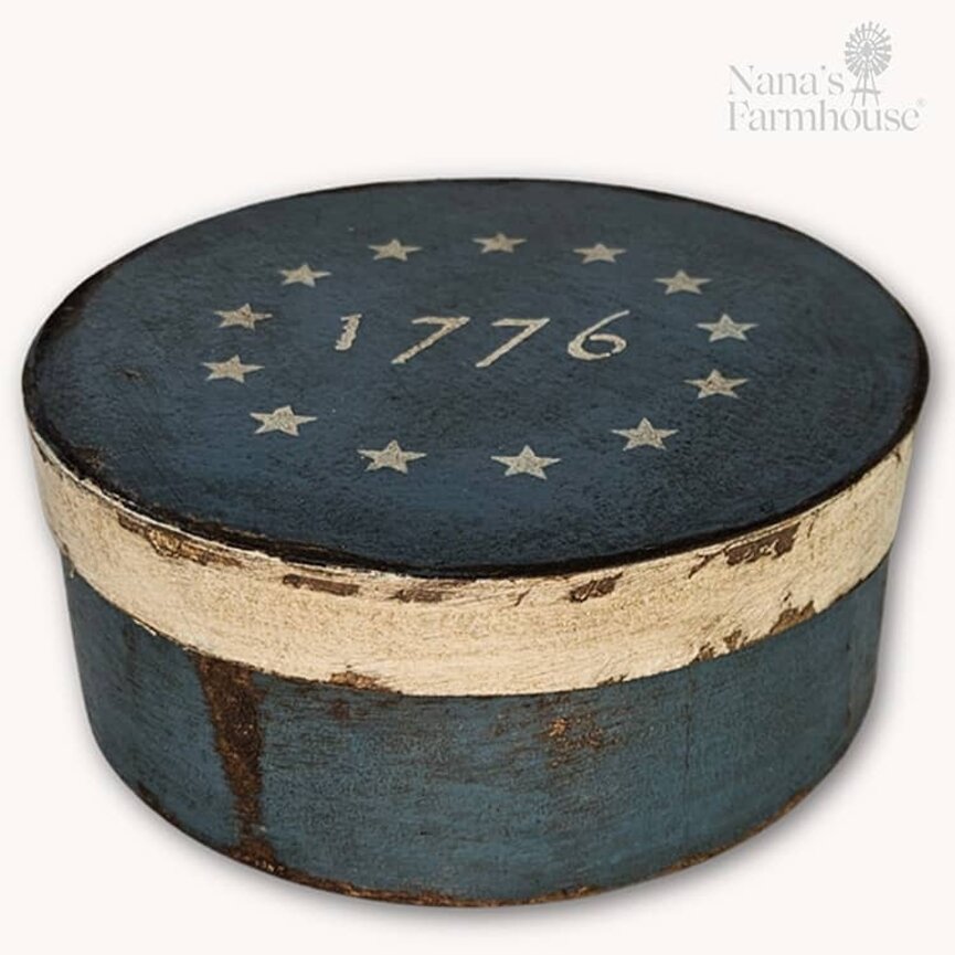 Round Box with 1776 Stars on Lid Solid Blue Base - 7.5" x 3"
