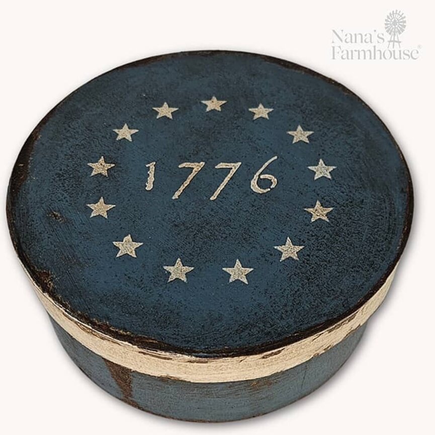 Round Box with 1776 Stars on Lid Solid Blue Base - 7.5" x 3"