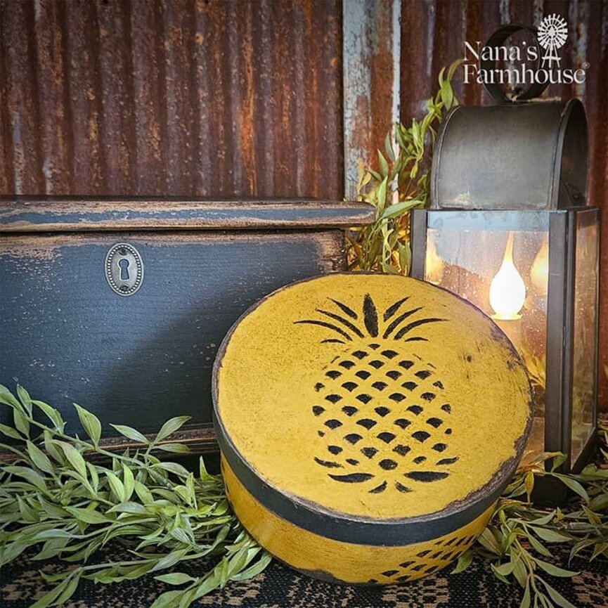 Round Box with Lid Mustard & Black Pineapple - 7.5" x 3"