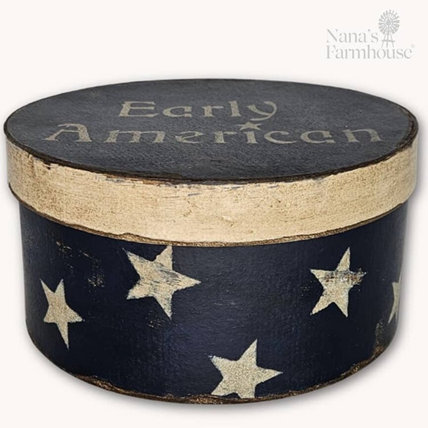 Round Box with Lid Navy Early American with Stars - 10" x 5"