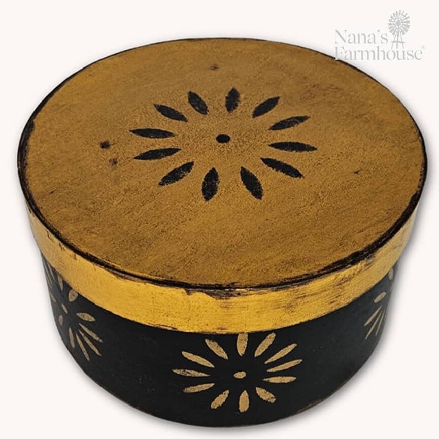 Round Box with Lid Black Mustard Colonial Design  - 10" x 5"