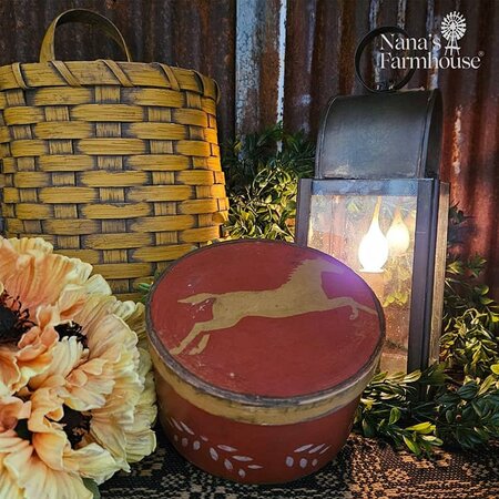 Horse Round Box in Red Mustard with Lid - 6.5"